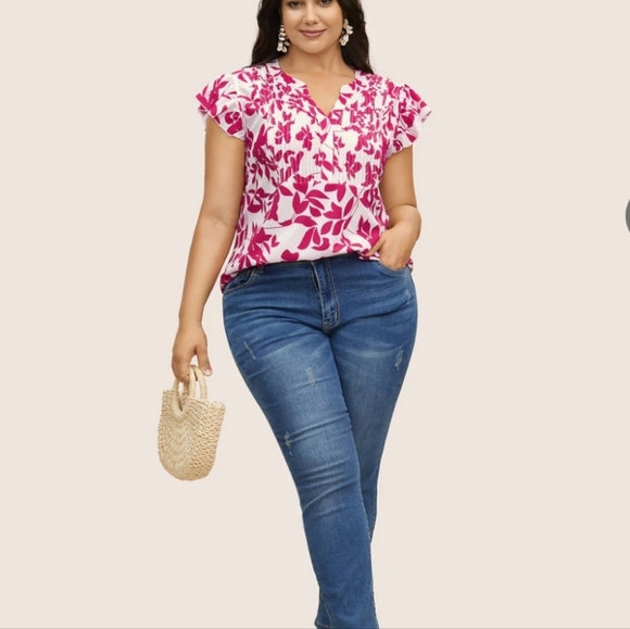 NWT Silhouette Floral Print Notched Collar Pleated Blouse in pink/ white 18-20 - Picture 1 of 7